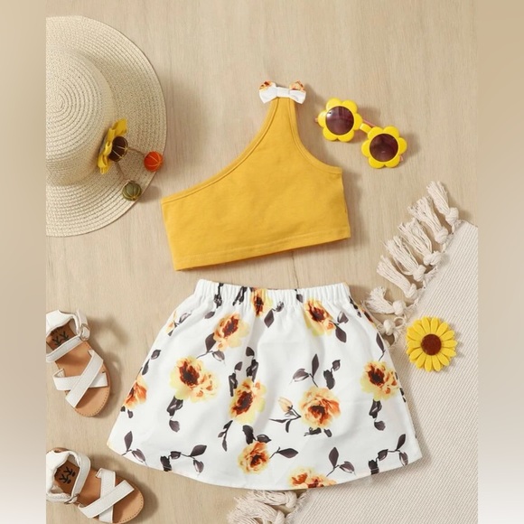 🧨SHEIN Baby Bow One Shoulder Top & Floral Print Skirt NWT (size 2-3) - Picture 8 of 12